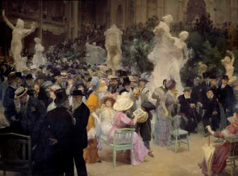 Belle Époque: «Uma sexta-feira no Salon des artistes français». Membros da burguesia parisiense encontram-se por ocasião de eventos sociais. Pormenor. Pintura de Jules Alexandre Grun (1868-1934), 1911. Sun. 3,6 x 6,16 m. Ruão, Museu de Belas-Artes