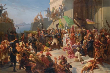 Guerre anglo-turque - guerres napoleoniennes - Sultão Selim III (1761-1808) visitando o General Horace Sebastiani (1772-1851) durante a defesa de Constantinopla contra a frota britânica, fevereiro 1807 par Rigo, Jules Vincent (1810-1892). Óleo sobre tela, 