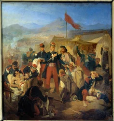 Guerra da Crimeia: o cirurgião militar Scrive trata os feridos após a batalha de Inkerman em 5/11/1854. Pintura de Jules Rigo (1810-1892), 1854, Musée du Val-de-Grâce, Paris