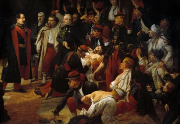 O imperador Napoleão III visita as feridas francesas, piemontesas e austríacas da batalha de Montebello às ambulâncias de Voghere em maio de 1859 Detalhe. Pintura de Jules Rigo (1810-1892) 1859 Paris, Museu do Val de Grace