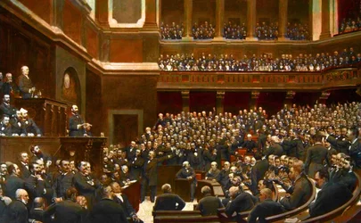 Adolphe Thiers (1797-1877) político francês, proclamado "Libertador do território" numa sessão na Câmara dos Deputados, em Versalhes