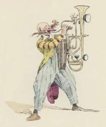 Palhaço tocando um instrumento musical incomum (cor litho)