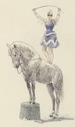Ginasta de pé no dorso de um cavalo (cor litho)