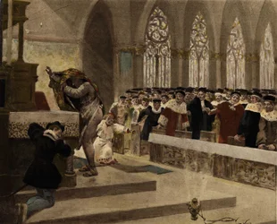 Um cordelista, tentando despir a sua aurora, mostra as suas costas numa missa para a Corte perante os olhos de Panurge. Pantagruel. Ilustração de Jules Garnier. Em "Rabelais et l