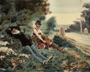 Um parisiense e um picardia sentados na relva. Pantagruel. Ilustração de Jules Garnier. Em "Rabelais et l
