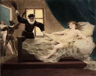 Um homem a apreender a chicotear uma jovem apanhada na cama no Dia dos Inocentes. Pantagruel. Ilustração de Jules Garnier. Em "Rabelais et l