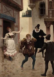 Um homem que foge, depois de a sua mulher ter encontrado a sua palavra. Ao seu lado, o médico e o cirurgião que operou a sua mulher. Pantagruel. Ilustração de Jules Garnier. Rabelais e a obra de Jules Garnier
