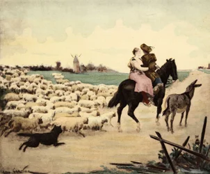 Uma mansão e um pastor num cavalo. Um burro tem o seu direito. A ovelha e o cão do pastor seguinte. Pantagruel. Ilustração de Jules Garnier. Em "Rabelais et l