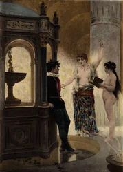 Bacbuc, preceptora do Oráculo da Garrafa, e Panurge no Templo da Garrafa. À direita, uma das criadas de Bacbuc. Pantagruel. Ilustração de Jules Garnier. Em "Rabelais et l