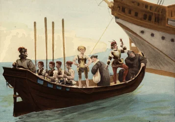Barco no porto da ilha de Papimania. Da direita para a esquerda: um monge, um falcoeiro, um advogado, um vinicultor de Orleães. Pantagruel. Ilustração de Jules Garnier. Em "Rabelais et l