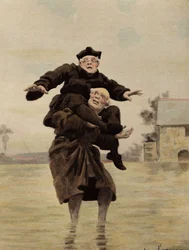 O Irmão Adam Couscoil com o Irmão Ian (Jan) Dodin ao ombro. Pantagruel. Ilustração de Jules Garnier. Em "Rabelais e a obra de Jules Garnier"