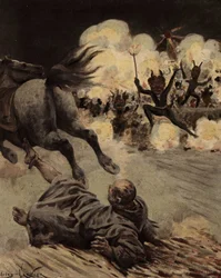 O irmão Etienne Tappecoue esvazia o seu cavalo depois de ter sido afligido por aldeões disfarçados de Diabo. Pantagruel. Ilustração de Jules Garnier. Em "Rabelais et l