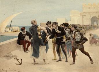 Irmão Jean, monge da Abadia de Seuille, oferecendo vinte ecus de ouro aos Chiquanous para quem aceitasse ser espancado. Pantagruel. Ilustração de Jules Garnier. Em "Rabelais et l