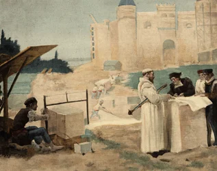 Irmão Jean, monge da abadia de Seuille, supervisiona a construção da abadia de Theleme. Gargântua. Ilustração de Jules Garnier. Em "Rabelais et l