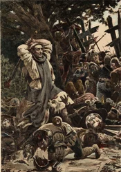 Irmão Jean, monge da abadia de Seuille, bate com um pau nos soldados do exército de Picrochole, rei de Lerne. Gargantua. Ilustração de Jules Garnier. Em "Rabelais et l