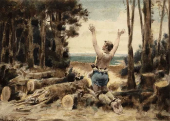Couillatris, um lenhador da aldeia de Gravot, perto de Chinon, lamentando-se por ter perdido o seu machado. Pantagruel. Ilustração de Jules Garnier. Em "Rabelais et l