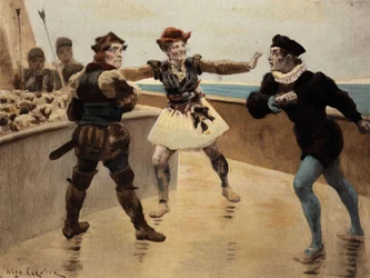 Disputa entre Panurge (à direita) e Dindenaut (Dindenault), comerciante de Taillbourg, que nega a sua espada. Pantagruel. Ilustração de Jules Garnier. Em "Rabelais et l