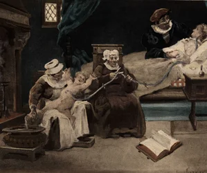 Gargamelle a dar à luz Gargantua pela orelha esquerda. Gargântua. Ilustração de Jules Garnier. Em "Rabelais et l
