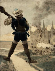 Gargântua a destruir o castelo de Gue de Vede com uma árvore. Gargântua. Ilustração de Jules Garnier. Em "Rabelais et l