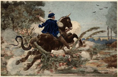 Gargantua na sua égua a destruir a floresta de Beauce. Gargântua. Ilustração de Jules Garnier. Em "Rabelais et l