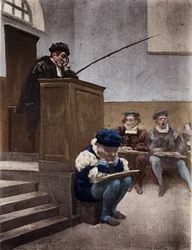 Estudante de Gargantua sob a supervisão do preceptor Sophiste Thubal Holoferne (Thubal Holoferne). Gargântua. Ilustração de Jules Garnier. Em "Rabelais et l