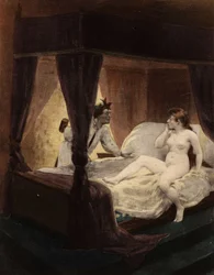 O grande Thibeault esconde um martelo atrás das costas. A sua mulher está deitada na cama. Pantagruel. Ilustração de Jules Garnier. Em "Rabelais et l