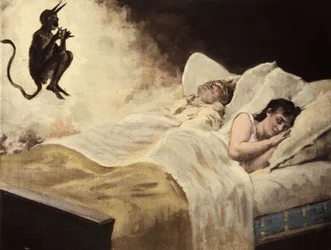 Hans Caruel (Carufel), rei de Melinde, e a sua mulher a dormir na sua cama. Satanás dá ao marido um anel para que a sua mulher lhe seja fiel. Pantagruel. Ilustração de Jules Garnier. Rabelais e a obra de Jules Garnier