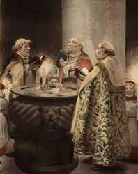 Numa capela, três padres rodeiam um benfeitor no qual está imerso um homem. Pantagruel. Ilustração de Jules Garnier. Em "Rabelais et l