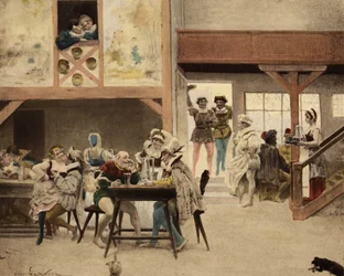 No interior de um albergue em Chinon. Pantagruel e Panurge na escala. Pantagruel. Ilustração de Jules Garnier. Em "Rabelais et l