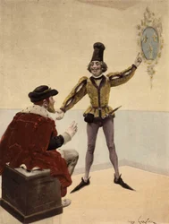 O rei de Inglaterra Edouart (Eduardo) V, na sua casa de banho, olhando para o brasão de armas de França que o seu médico lhe mostra. Pantagruel. Ilustração de Jules Garnier. Em "Rabelais et l