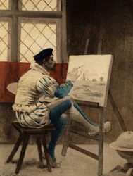 Homem sentado em frente à sua tela. Gargântua. Ilustração de Jules Garnier. Em "Rabelais et l