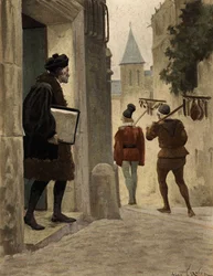 O Mestre Janotus (Ianotus) de Bragmardo deixa a casa parisiense de Gargantua levando os presentes oferecidos por Gargantua. Gargântua. Ilustração de Jules Garnier. Em "Rabelais et l