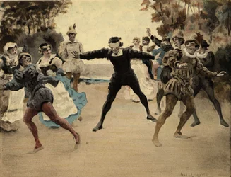 Homens e mulheres a jogar um colin maillard. Gargantua. Ilustração de Jules Garnier. Em "Rabelais et l