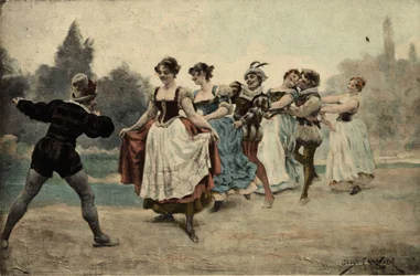Homens e mulheres a jogar à cauda junto ao cepo (cauda de lobo). Gargântua. Ilustração de Jules Garnier. Em «Rabelais et l