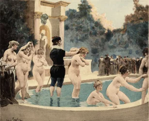 Mulheres idosas que mergulham na água e voltam a sair. Reino de Entelequia. Pantagruel. Ilustração de Jules Garnier. Em "Rabelais et l