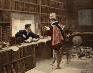 Pantagruel na livraria Saint Victor em Paris. Pantagruel. Ilustração de Jules Garnier. Em "Rabelais et l