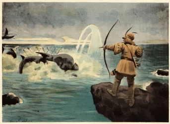 Pantagruel mata o monstro marinho Physetere com flechas. Pantagruel. Ilustração de Jules Garnier. Em "Rabelais et l