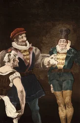 Panurge que dá dinheiro a um homem para casar com uma mulher idosa. Pantagruel. Ilustração de Jules Garnier. Em "Rabelais et l