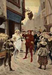 Paris, Roustissoir (churrascaria) do Peer Chatelet. Conflito entre um empregado e um homem acusado de não pagar a sua refeição. Pantagruel. Ilustração de Jules Garnier. Em "Rabelais et l