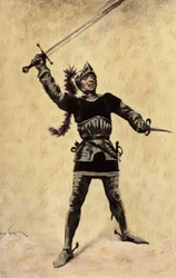 Picrochole, rei de Lerne, com armadura e brandindo a espada. Gargântua. Ilustração de Jules Garnier. Em "Rabelais et l