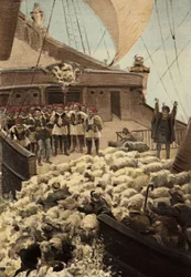 Ovelhas de Panurge: no barco de Dindenaut (Dindenault), ovelhas e mercadores atiram-se ao mar. Pantagruel. Ilustração de Jules Garnier. Rabelais e a obra de Jules Garnier