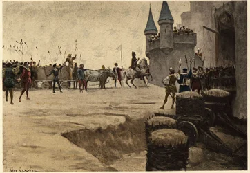 O exército de Ulrich Gallet, enviado por Grandgousier, pai de Gargantua, diante do castelo de Picrochole, rei de Lerne, com bengalas e canas em sinal de paz. Gargântua. Ilustração de Jules Garnier. Em "Rabelais et l