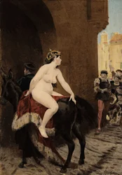 Esposa do imperador de Milão, Federico (Frederico) Barberossa, perseguida pelos milaneses para fora da cidade. Ela monta a mula Thacor. Pantagruel. Ilustração de Jules Garnier. Em "Rabelais et l