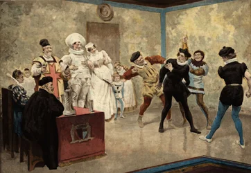 Dois homens batem num Chiquanous. Assistem à cena: o padeiro Loyre e a sua mulher em trajes de casamento (ao centro), o senhor de Basche e o cura Oudart. Pantagruel. Ilustração de Jules Garnier. Em "Rabelais et l