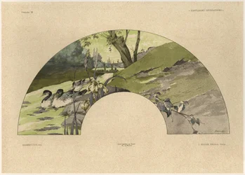 Ventilador, prato 23 de &39;Fantasias Decorativas&39;, gravado por Gillot, publicado por Jules Rouam, da Librairie de l&39;Art, Paris, 1887 (gravura a cores)