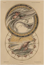 Peixes e lagosta, prato 13 de &39;Fantaisies decoratives&39;, gravada por Gillot, publicada por Jules Rouam, da Librairie de l&39;Art, Paris, 1887 (gravura a cor)