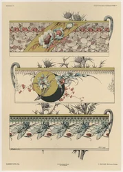 Flores e moscas, prato 11 de &39;Fantaisies decoratives&39;, gravada por Gillot, publicada por Jules Rouam, da Librairie de l&39;Art, Paris, 1887 (gravura a cores)