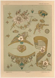 Jóias, placa 39 de &39;Fantasias Decorativas&39;, gravada por Gillot, publicada por Jules Rouam, Librairie de l&39;Art, Paris, 1887 (gravura a cor)