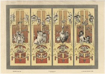 Macacos, gatos, garças e cachorros, prato 3 de &39;Fantaisies decoratives&39;, gravada por Gillot, publicada por Jules Rouam, em "Librairie de l&39;Art", em Paris, em 1887 (gravura a cor)