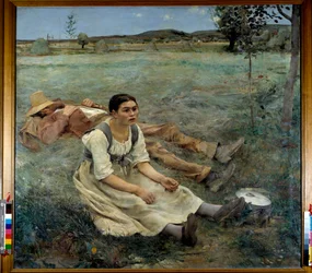 Feno. Uma mulher sentada na relva junto a um homem que dorme durante a época da colheita. 1877. Sol. 1,80 x 1,95 m